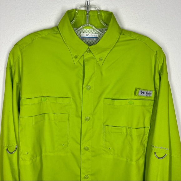 Men’s Columbia Small PFG Shirt Long Sleeve Bright Green Omni Shade - Picture 10 of 10